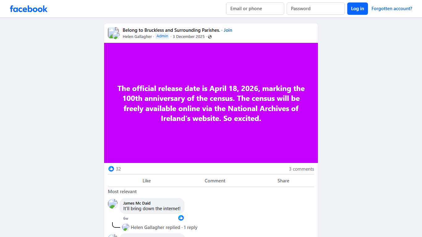 Belong to Bruckless and Surrounding Parishes. | The official release date is April 18, 2026, marking the 100th anniversary of the census | Facebook